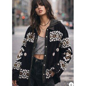 We The Free Cozy Up Embroidered Corduroy Grunge Boho Aztec Shacket Hoodie L